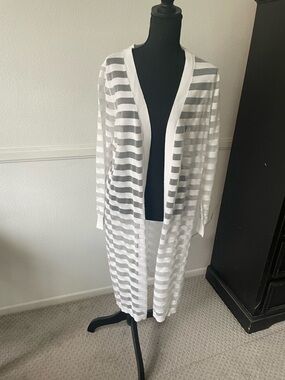 INC International Concepts White Striped Long Open Cardigan